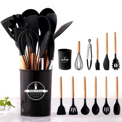 12 Piece Cooking Silicone Kitchen Tool Set Wooden Handle Heat Resistant Silicone Non-Slip Cooking Tools