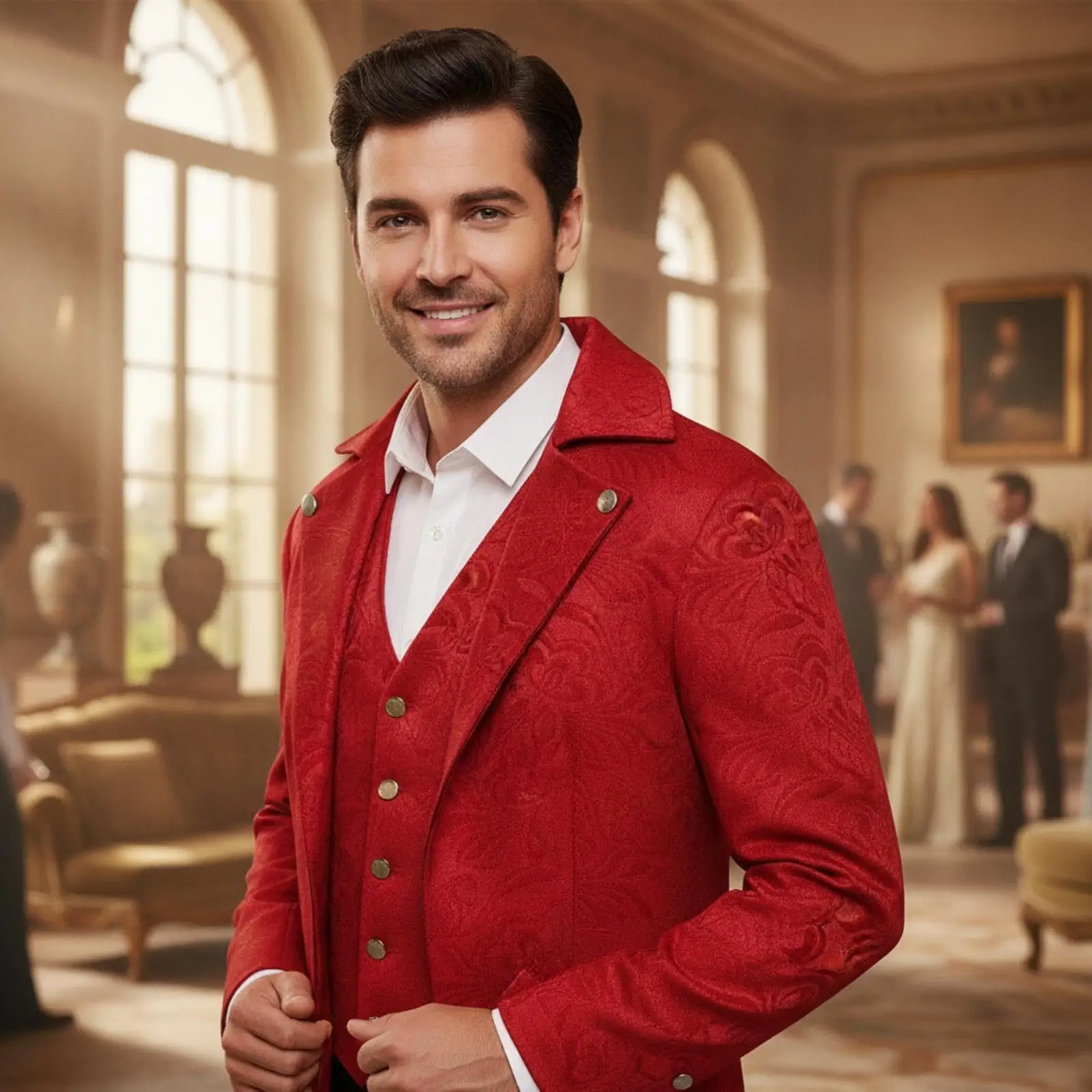 Men Tailcoat Costume Suit with Decorative Cuff Buttons and Back Adjustable Strap for Vintage Themed Party Wear