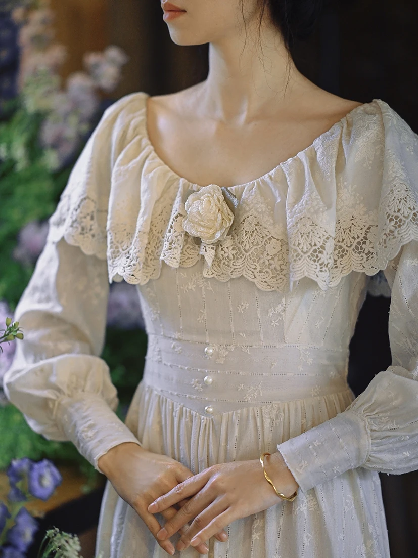 TIYIHAILEY Abito da donna in cotone primavera autunno con fodera a maniche lunghe lungo maxi da donna taglia S-XL fiori ricamati vintage da donna