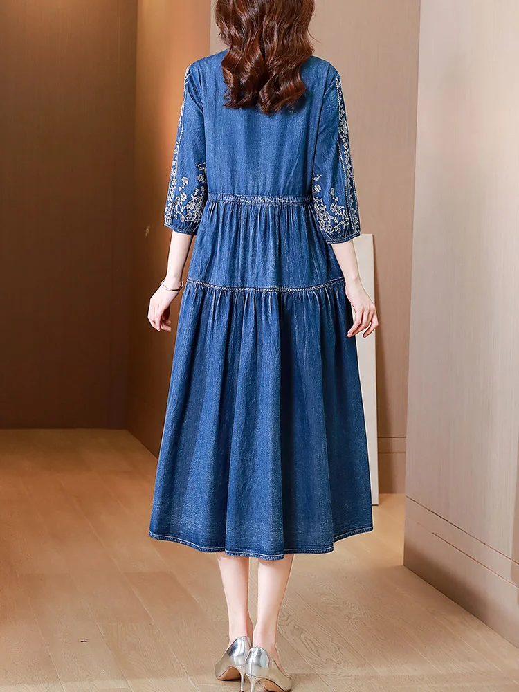 TIYIHAILEY 2023 New Free Shipping Vintage Women Long Mid-Calf Summer Denim M-2XL Lantern Half Sleeve Embroidery Dresses