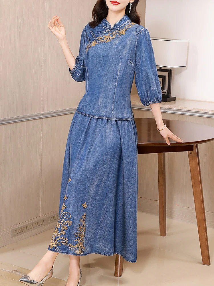 

TIYIHAILEY-Vintage Embroidery Tops and Skirts Set for Women, Long Maxi Denim, Chinese Style, Pockets,New, 2024, 2Pcs