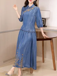 TIYIHAILEY-Vintage Embroidery Tops and Skirts Set for Women, Long Maxi Denim, Chinese Style, Pockets,New, 2024, 2Pcs