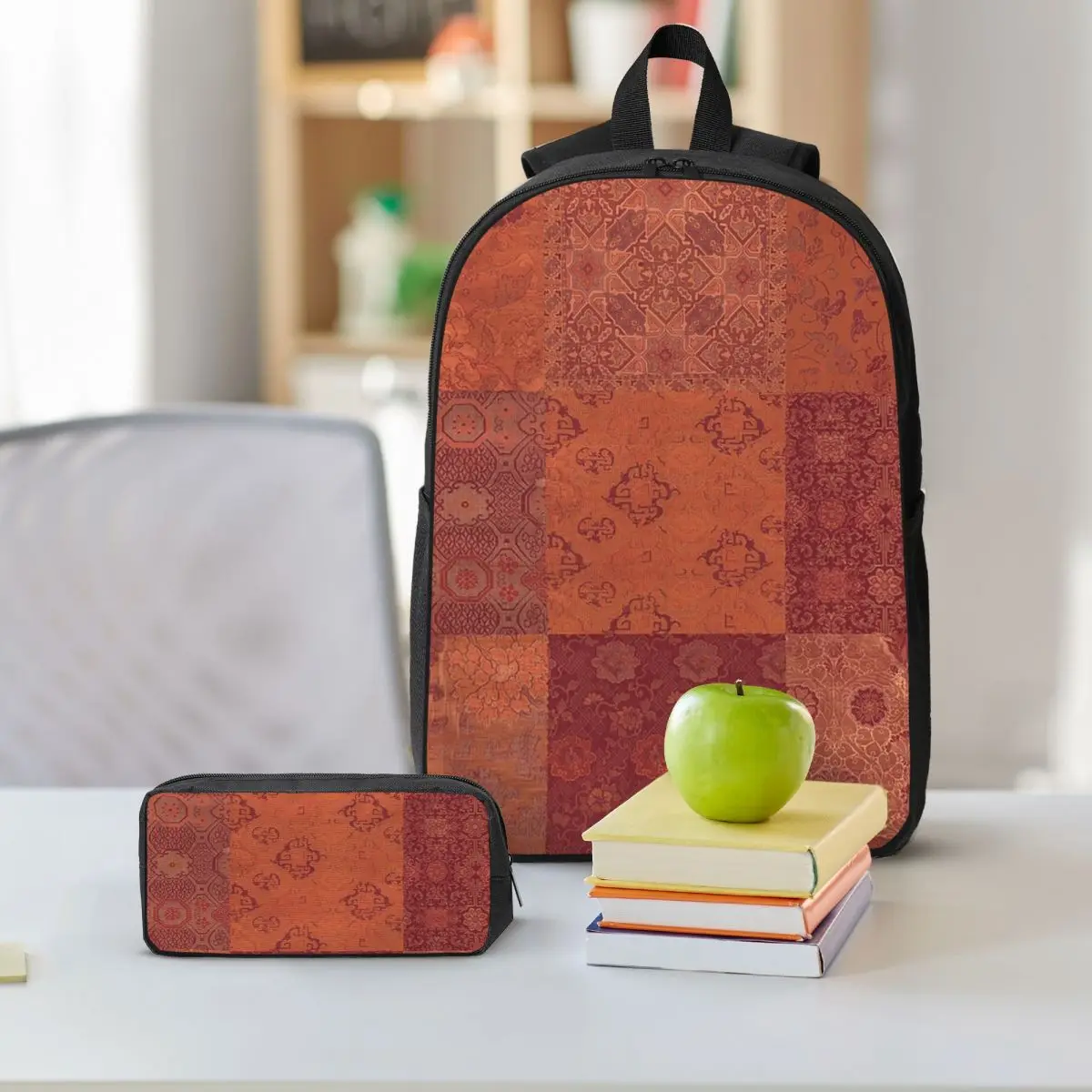 Vintage Bohemian Quilt In Burnt Orange Backpack Boys Girls BookBag School Bag Shoulder Bags 3ps Insulated Lunch Bag Pencil Case