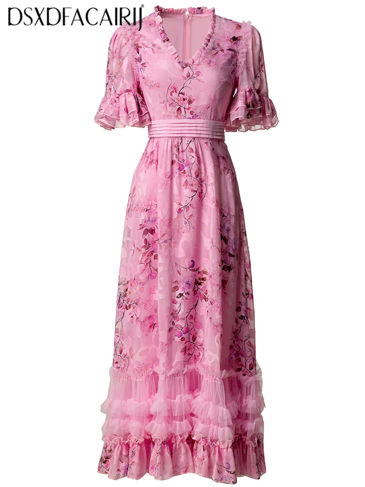 DSXDFACAIRIJ المرأة خمر الجاكار فستان طويل الخامس الرقبة مضيئة الأكمام الكشكشة الأزهار طباعة الصيف موضة الحفلات الإناث