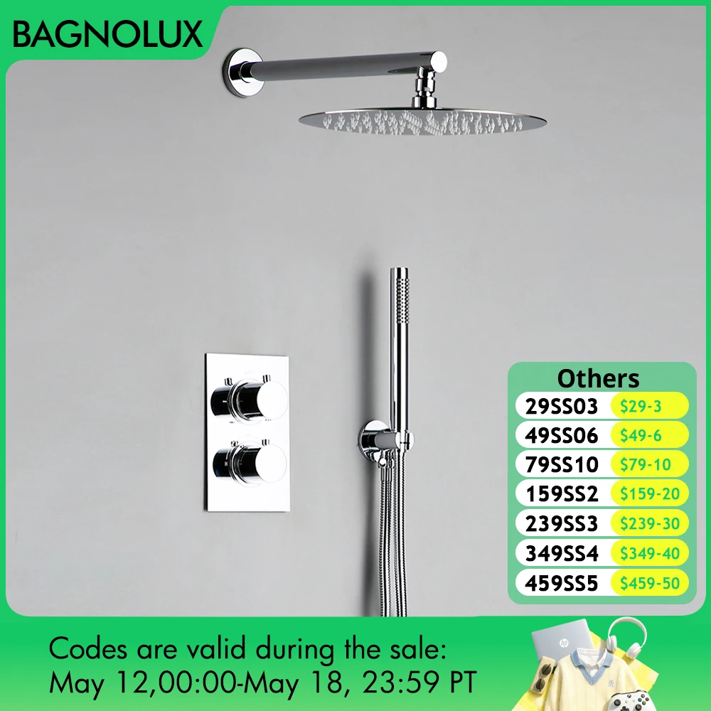 

Brushed Gold Thermostaic Shower Faucet Wall Mount Bathroom Mixer Handheld With Diverter and 8-12" Rain Shower Tap