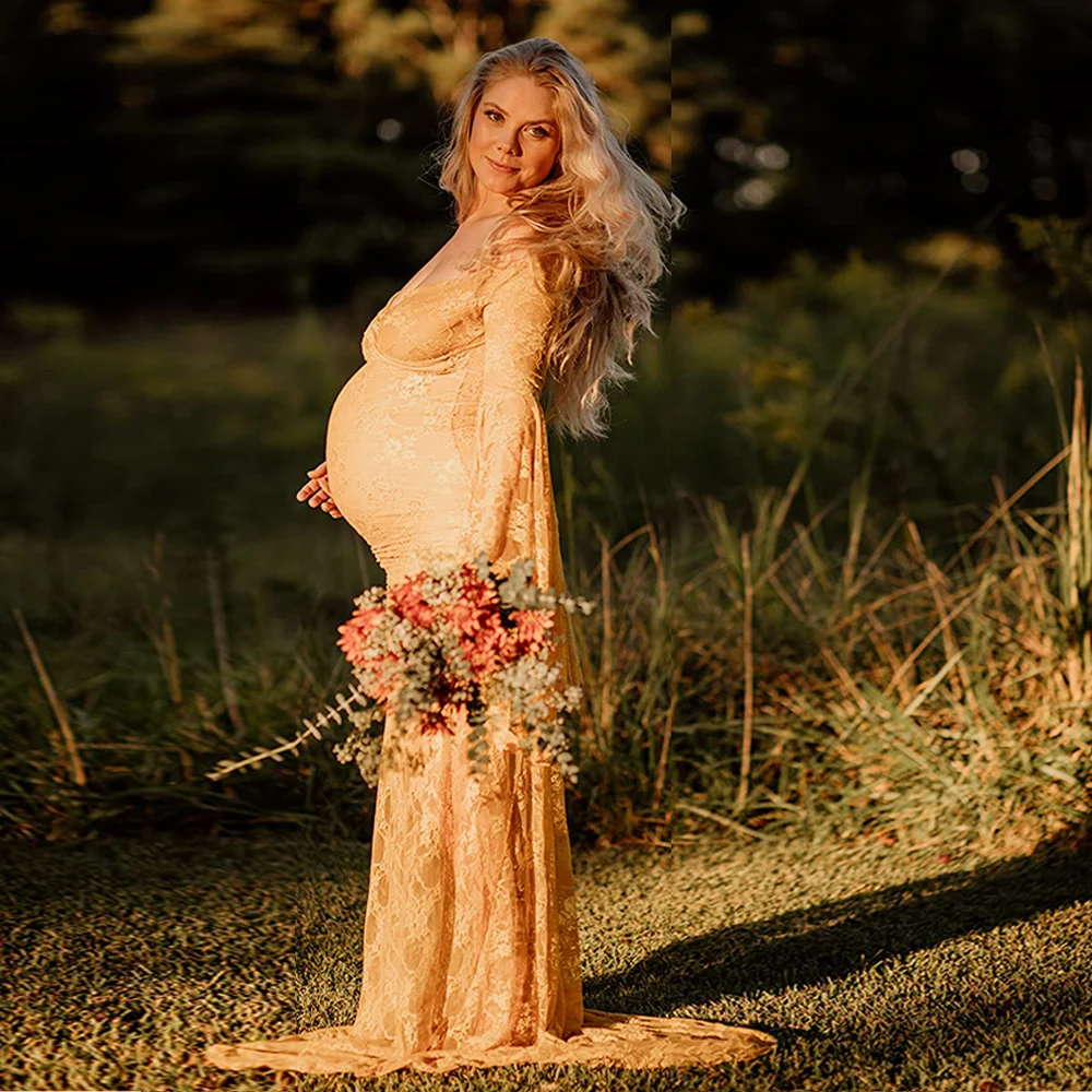 Maternity Photoshoot Outfit Lace Bell Sleeves Off Shoulder Gown Pregnant Women Dresses For Photography Baby Shower