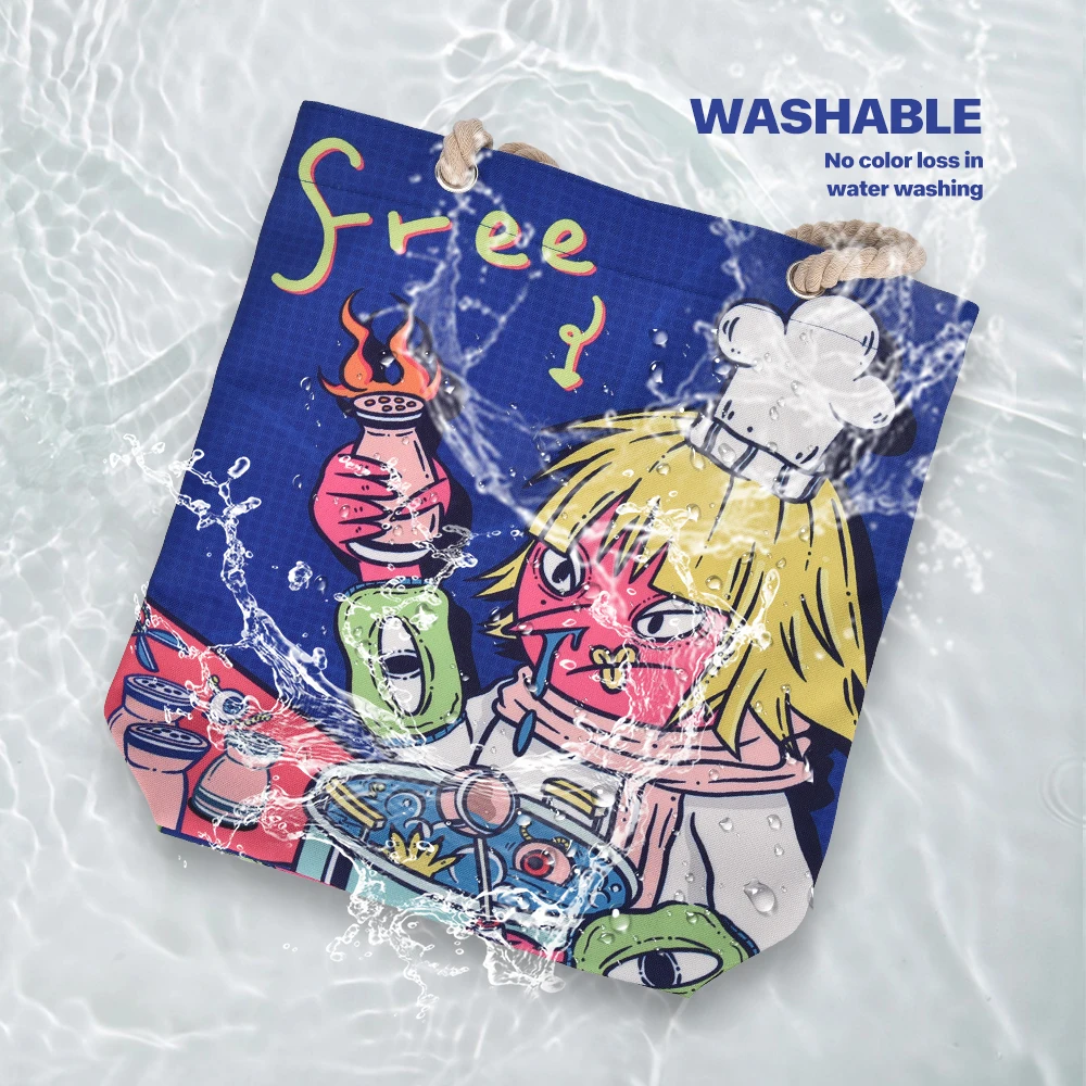 Creative cartoon illustration canvas bag, simple and fashionable, large capacity canvas shoulder bag, portable storage bag