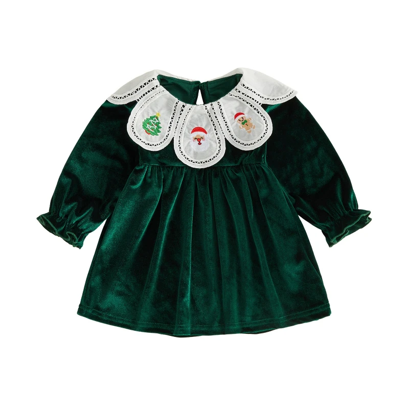 Red Velvet Santa Embroidered Collar Baby Dress Romper Christmas Newborn Infant Toddler Holiday Costume Outfit Clothes for Girls