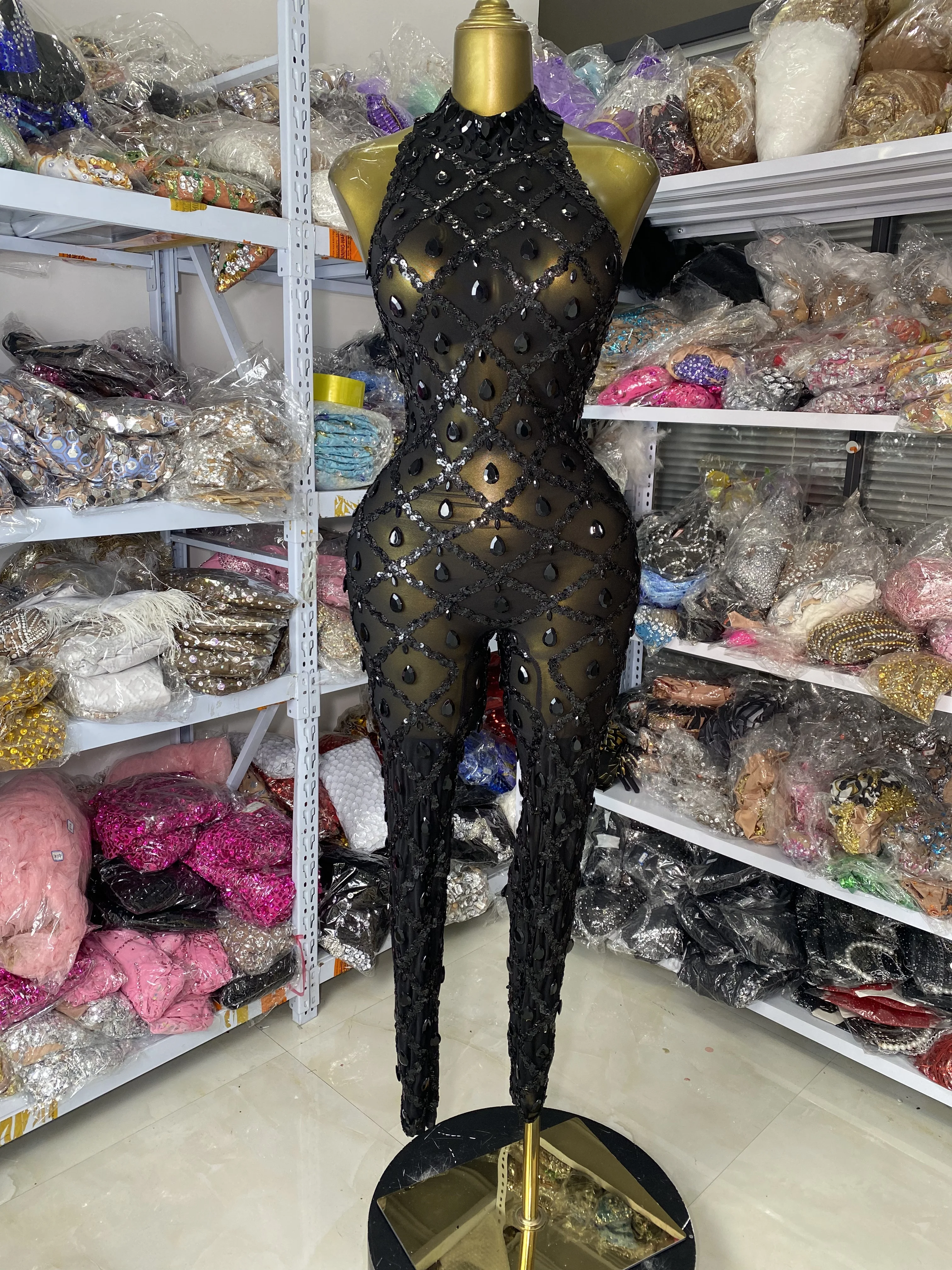 

2025 Sexy Black Rhinestones Mesh Transparent Jumpsuit High Elastic Women Special Occassion Nightclub Evening Party Dresses