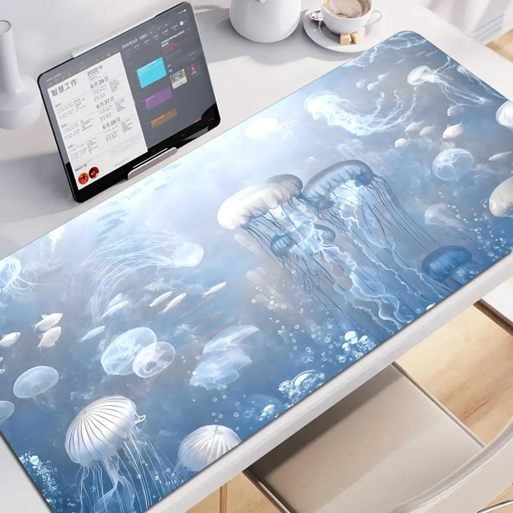 

Cartoon Blue Jellyfish Large Mouse Pad Ocean Animal Desk Mat Natural Rubber Non-Slip Office Computer Keyboard Table Accessories