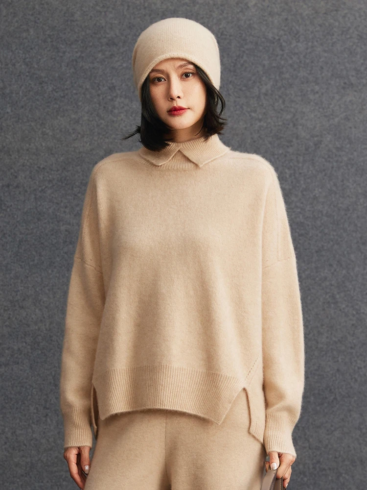 

100% Cashmere Pullover Sweater Autumn Winter Women's Button Up Collar Soild Loose Irregular Hem Knit CLoths Simple Light Luxury