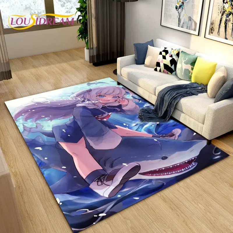 Cute Anime Gawr Gura Hololive Shark Area Rug,Carpet Rug for Living Room Bedroom Sofa Doormat Decoration, Kids Non-slip Floor Mat