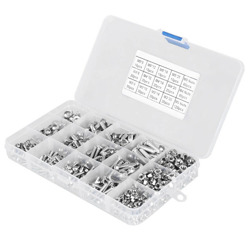 500pcs 304 Stainless Steel Hex Button Socket Head Cap Screw Hexagon Thread Machine Metric Nut Bolt Assortment Kit Set M3 M4 M5