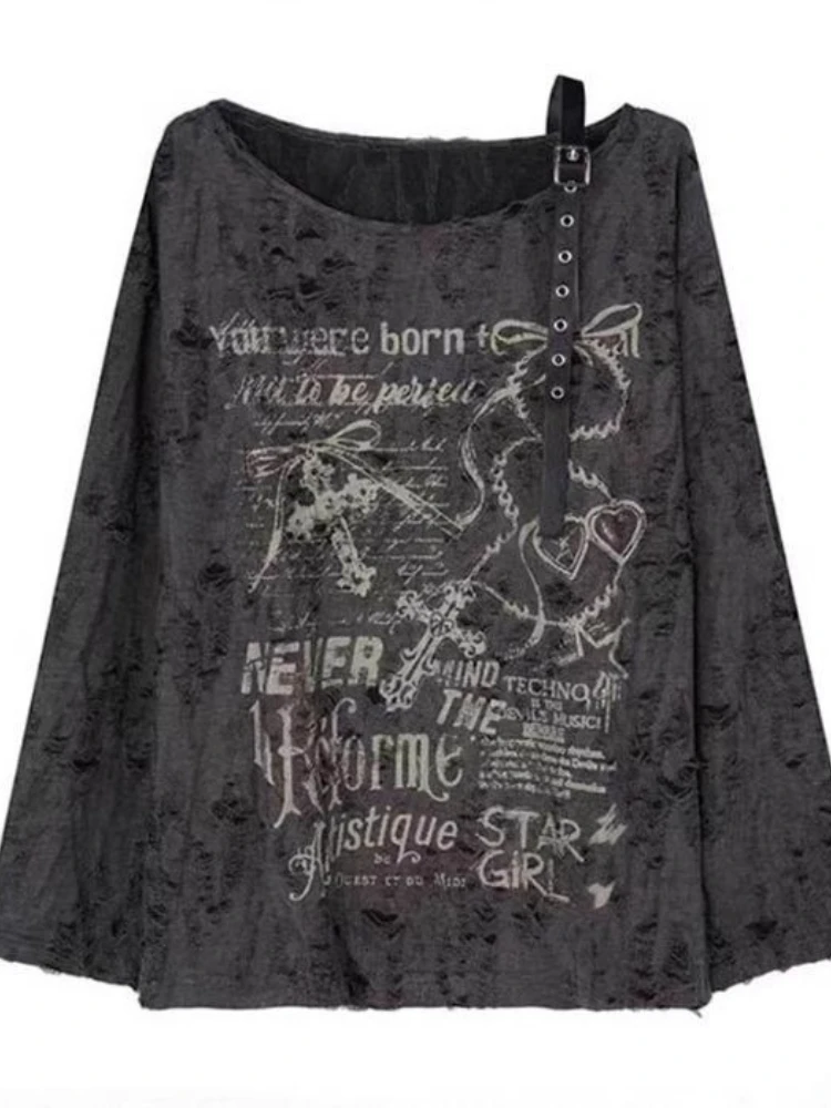 Y2K Ästhetisches Off Shoulder T-shirt Frauen Vintage Gothic Grunge Hot Chick Print Tops Langarm Mode Design Casual Kleidung