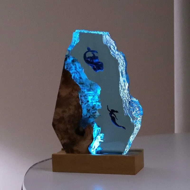 Home decoration mermaid, hammerhead shark desktop office, art ornaments turtle jellyfish, solid wood gifts resin lamp