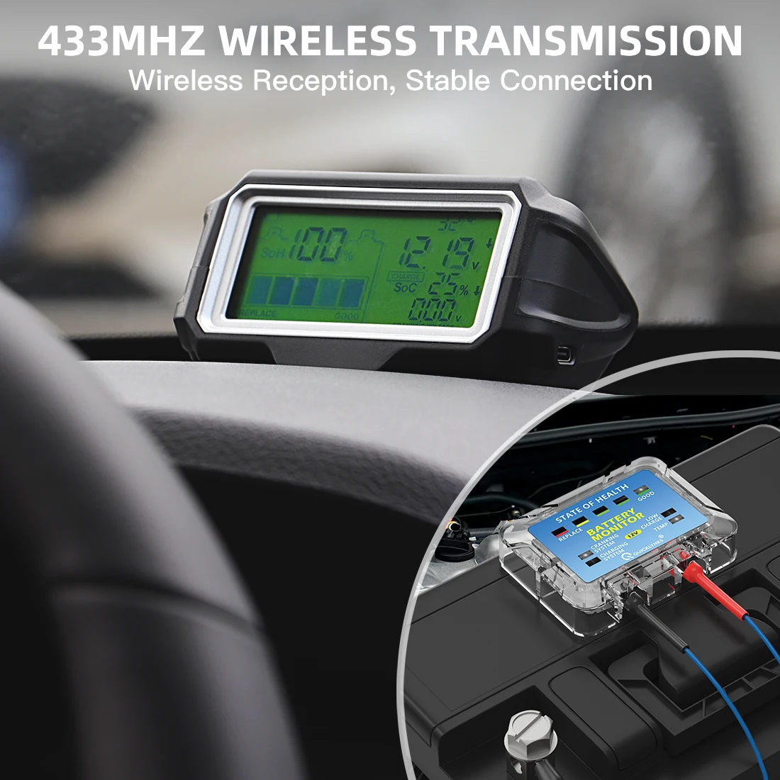 QUICKLYNKS BM5-D 12V Car Battery Tester LED 433MHz Monitor Head Up Display SOH SOC Battery Health Charging Tester Analyzer Tool
