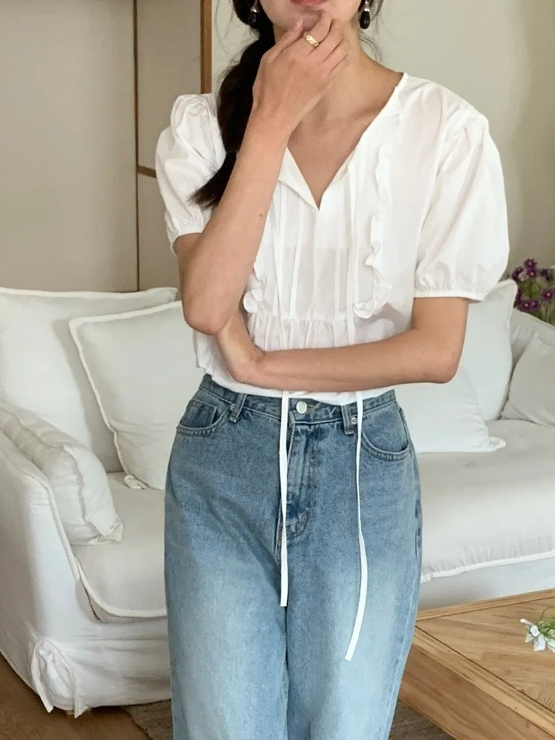 Summer New Women's Bubble Sve irt Loose Fit Sweet Tie ort Sve Blouse Versatile Design Wood ain  Detailing