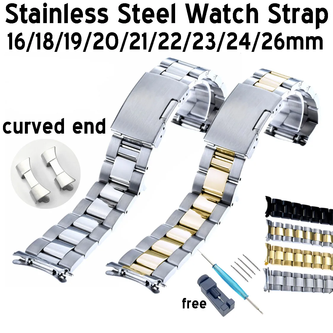 Gebogenes Ende Massives Edelstahl-Taucheruhrenarmband 16 18 19 20mm 22 24 26mm Metall-Armband mit Werkzeugen und Zubehör