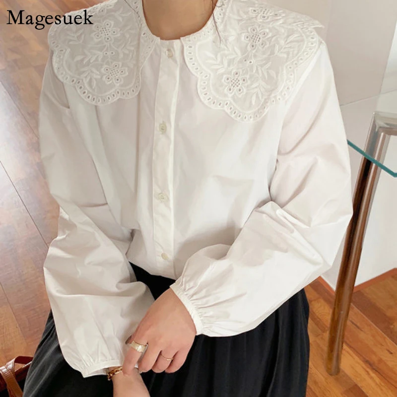 

Sweet New White Cotton Blouse Women Tops Long Sleeve Shirt Woman Peter Pan Collar Collar Button Shirts Female Clothing 18577