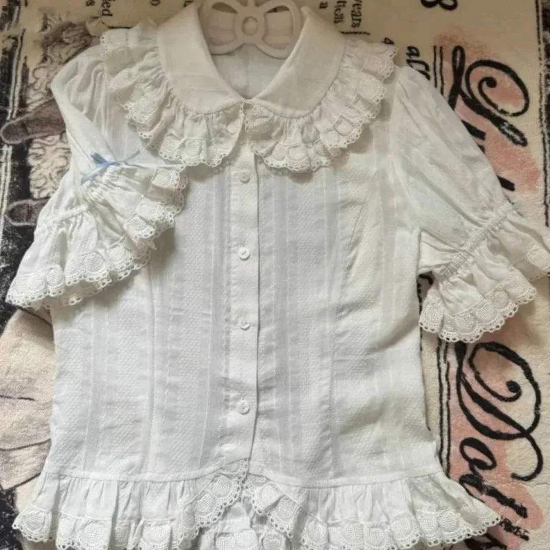 

Japanese Sweet Lolita Women Vintage Cute Lace Ruffles Bow Shirts Short Sleeves Girls Kawaii Blouses Peter Pan Collar White Tops