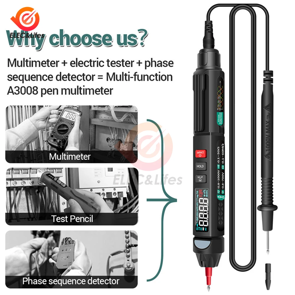Imagem -04 - Auto ac dc Tensão Instant Testers Pen tipo Multímetro Ferramentas Detector Medidor True Rms A3008 Detecções