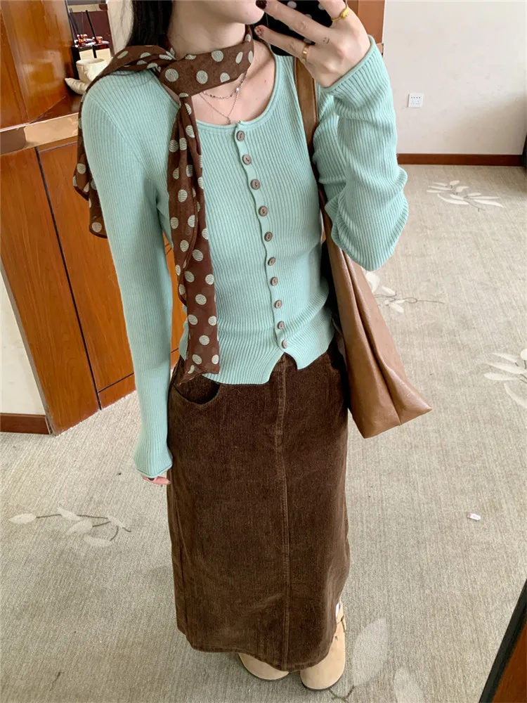Korean Chic Retro Matching 2 Pieces Sets New Fall Mint Green Knit Slim Cardigan+Straight Midi Coffee Skirt Two Piece Dress Suits