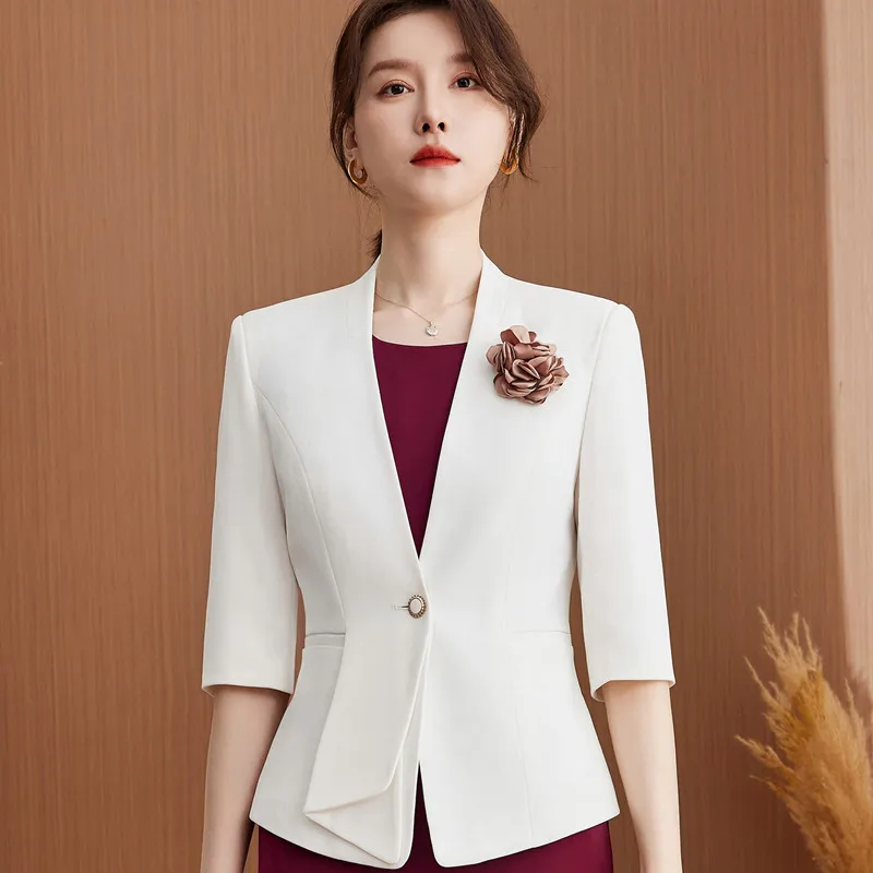 NAVIU New Fashion Eleagnt Slim Fit Small Suit Coat Womens Summer Thin 2024 White Blazer Business Work Wear Jacket Send corsage