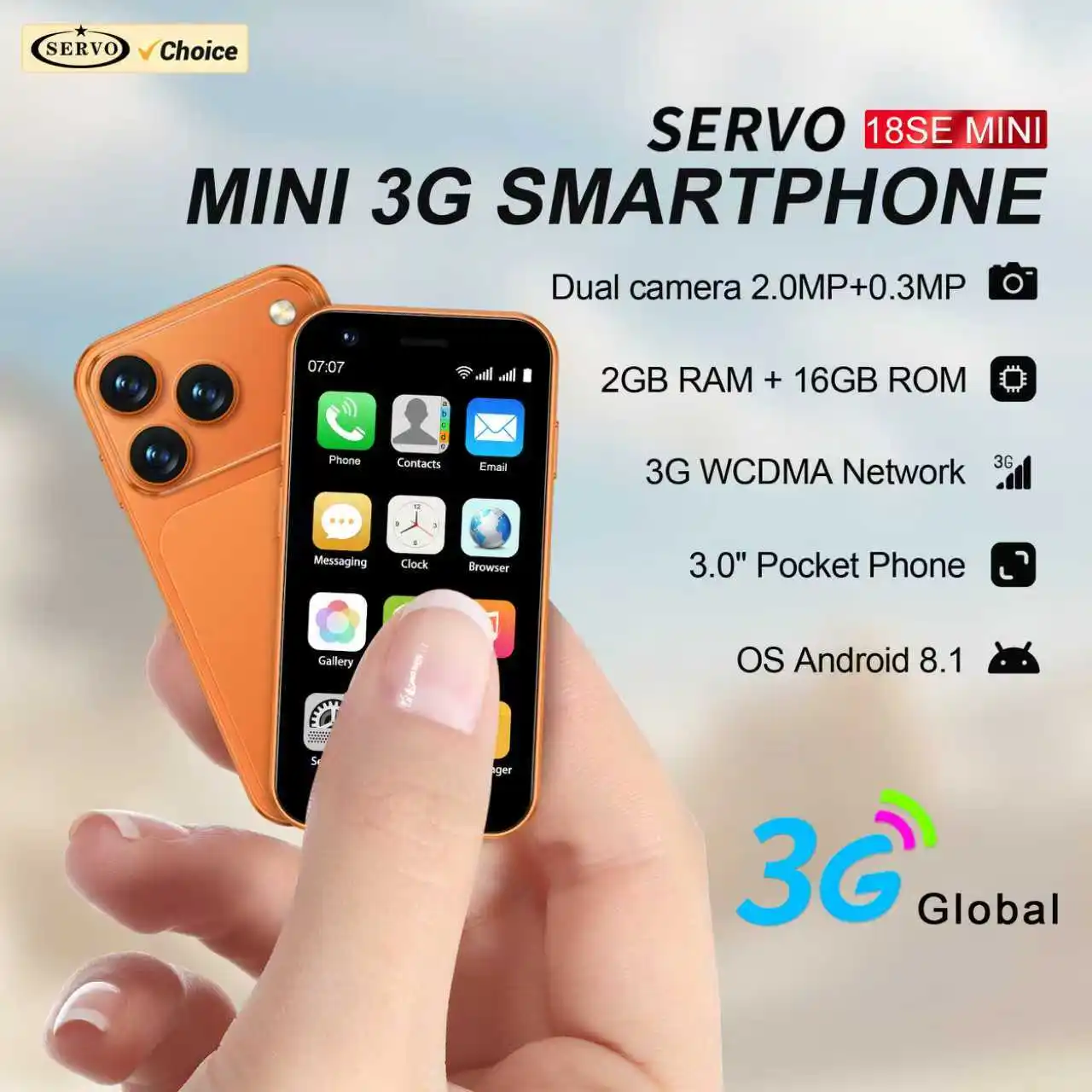 SERVO 18SE MINI Cute Android Smartphone 3G WCDMA Android OS Dual SIM Card Play Store Face Unlock Hotspot 3.0'' Small Smart Phones