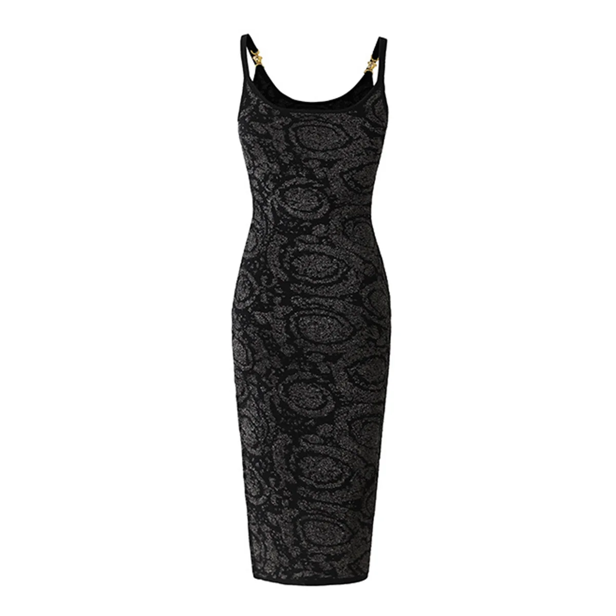 Black Sequin Camisole Dress Metal Buckle Slim Fit Waist Cinching Sexy Spicy Girl Jacquard Dress