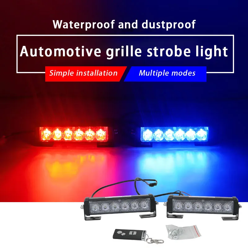 Car 6LED One Drag Two Four Strobe Warning Light Flash Lamp Long Bumper Light Red Blue Yellow White Auto Universal Front Grill