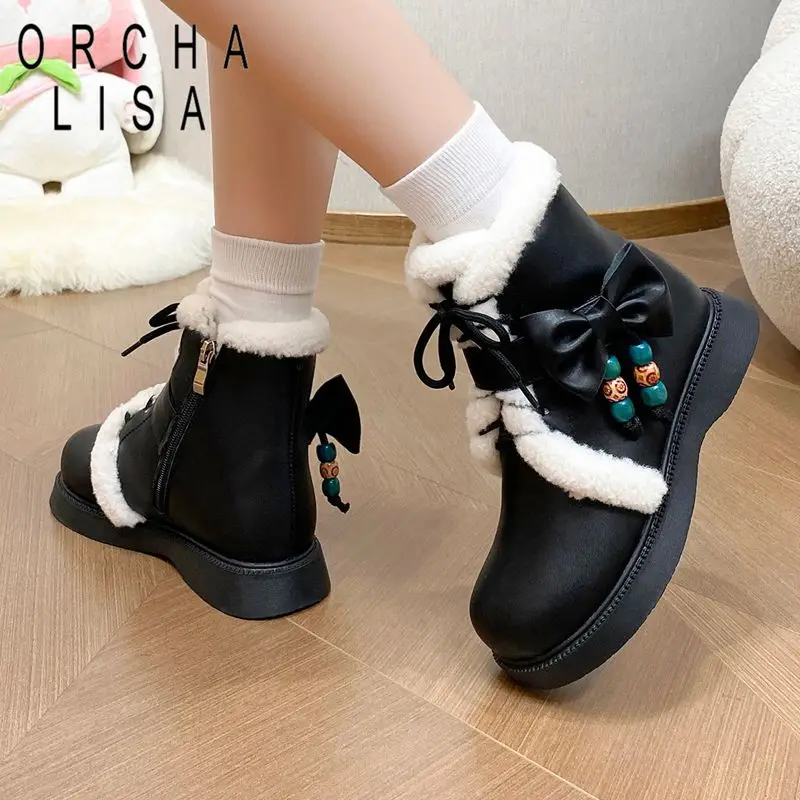 ORCHA LISAFashion أفخم حذاء من الجلد الدافئ جولة تو 2.5 سنتيمتر كعب منخفض سستة الدانتيل يصل Bowknot حجم صغير 31 32 33 طالب الأحذية