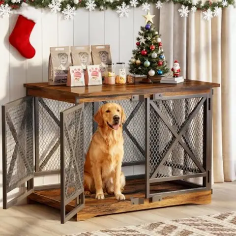 Large Dog Crate Furniture 48 inch Heavy Duty Dog Kennel Indoor for XLarge Breed with Double Doors Wooden Dog Cage XL Modern Dec