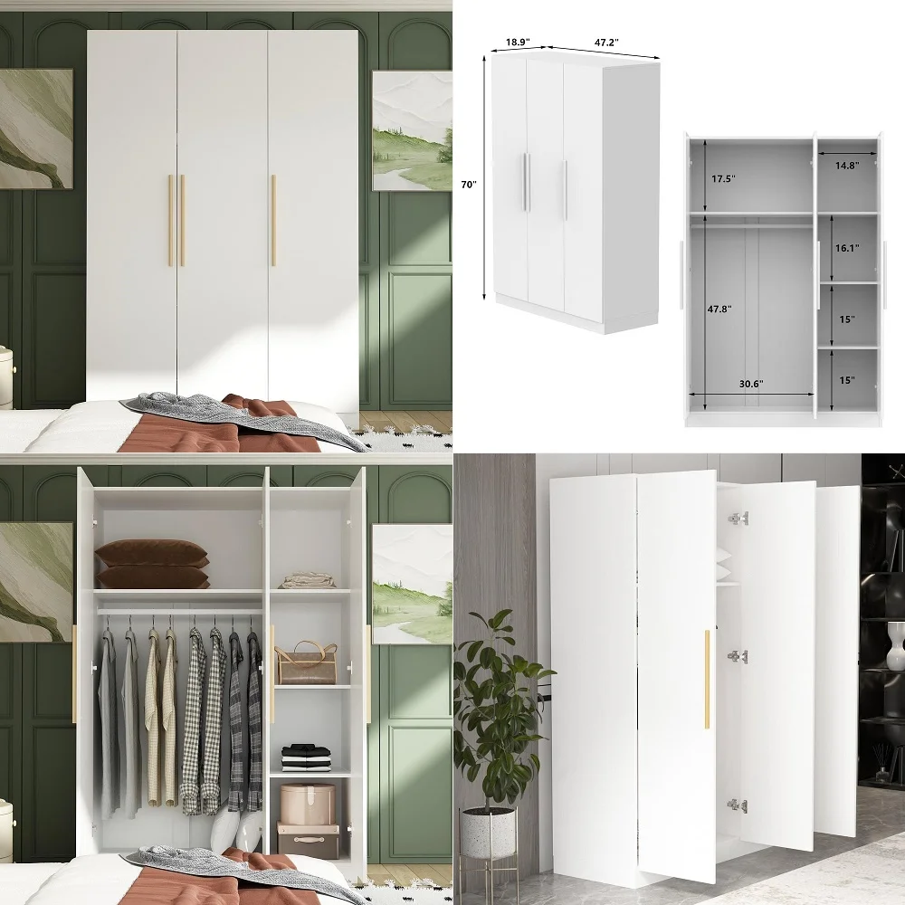 

Wardrobe Armoire Closet with 3 Doors, Freestanding Wardrobe Cabinet for Hanging Clothes, Bedroom Armoire Dresser Clothes Organi
