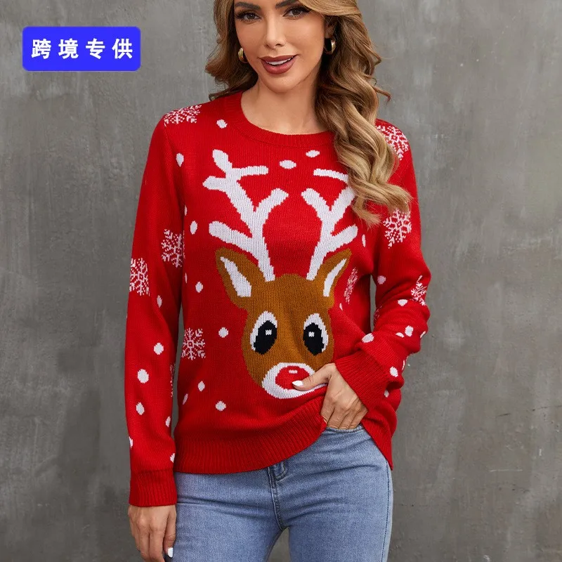 Red Christmas Knitted Sweater Women\'s Round Neck Hoodie Long Sleeve Elk Snowflake Cartoon Pattern Sweater Autumn New Item 2024