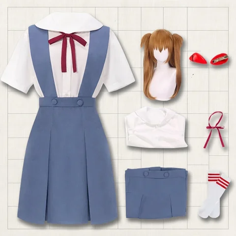 Rei Ayanami Cosplay Costume Asuka Langley Soryu Cosplay  Women School Uniform Dresses Wig Hair Clips Halloween Loli Clothing