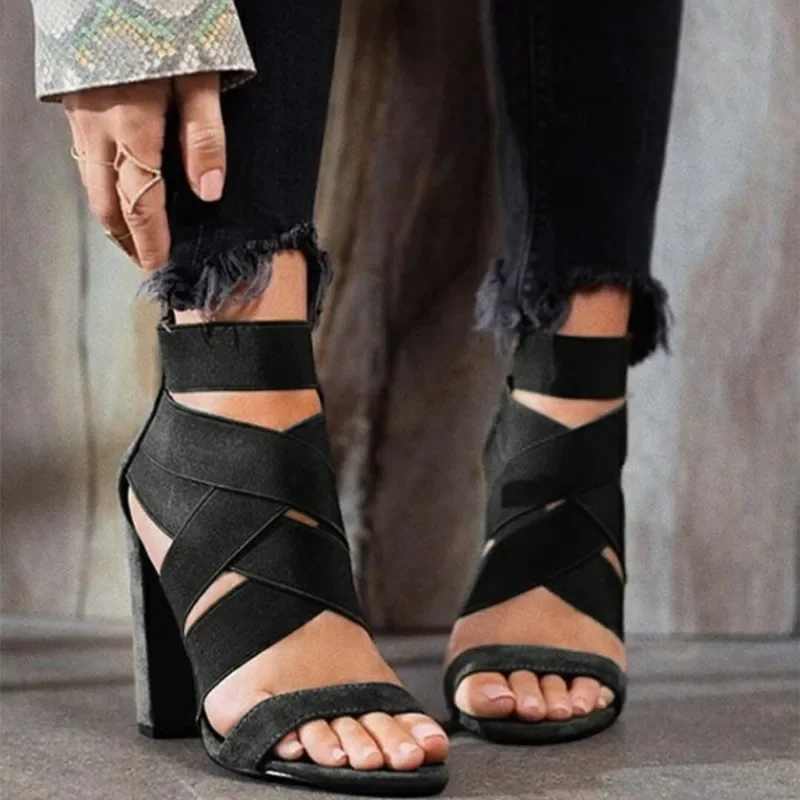 Women Sandals Stretch Fabric Slip on ZIP Thick Heel High Heels Round Toe Shallow Sandal Women Shoes 2020 Size 35-42 Black