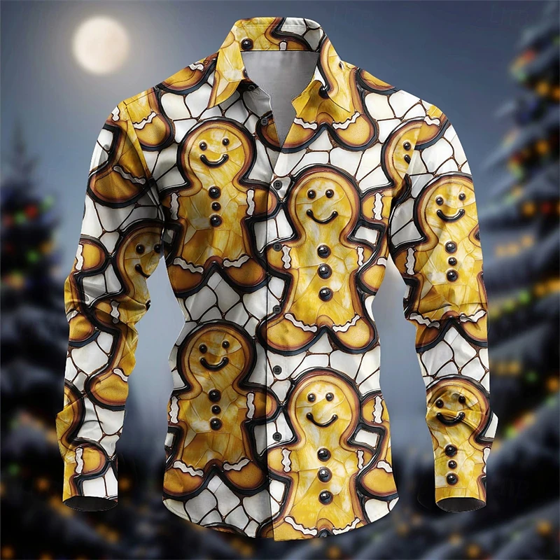 Ginger Bread Printed Shirts Men Christmas Clothing Long Sleeve Button Shirt Cute Gingerbread Food Pattern Festival Trend Blouse