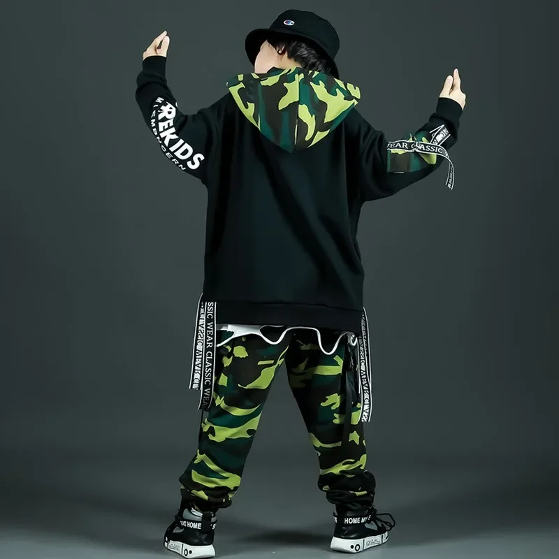 Hip-hop Rehearsal Clothes Youth Boys Skateboarding Performance Clothes Spring and Autumn Green Camouflage Sports Suits 6-15