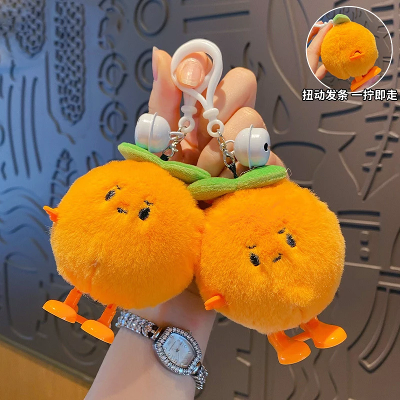 Cute Plush Doll Twist Clockwork Jump Sugar Orange Key Chain Cartoon Pressed Orange Squeak Toy Fruit Keyring Car Bag Pendant Gift