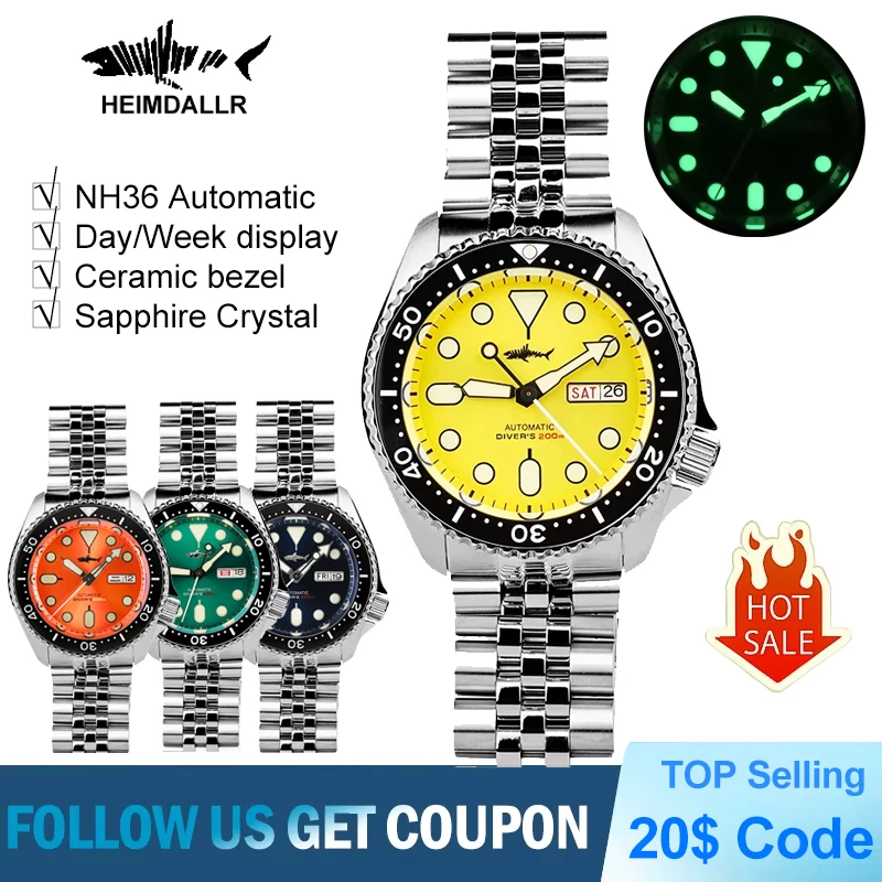 HEIMDALLR SKX007 Mechanical Watch NH36 Automatic Movement 200m Waterproof Diving Watch Sapphire Crystal C3 Luminous Men's Watch