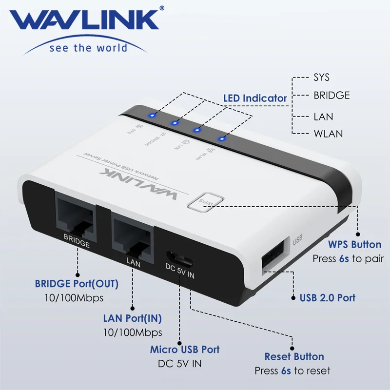 WAVLINK USB2.0 Wireless Printer Server With 10/100Mbps LAN/Bridge WiFi Support Wired/Wireless/Standalone Modes For Windows/Mac