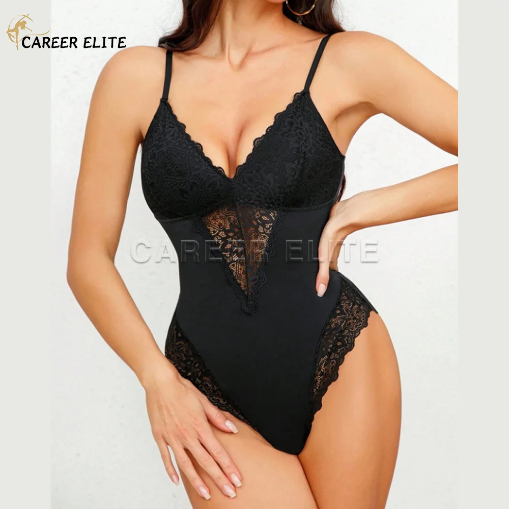

Women Fajas Sexy Lace One Piece Shapewear Straps Jumpsuit Sculpting Thongs BBL Body Shaper Deep V Neck Tummy Control Bodysuits