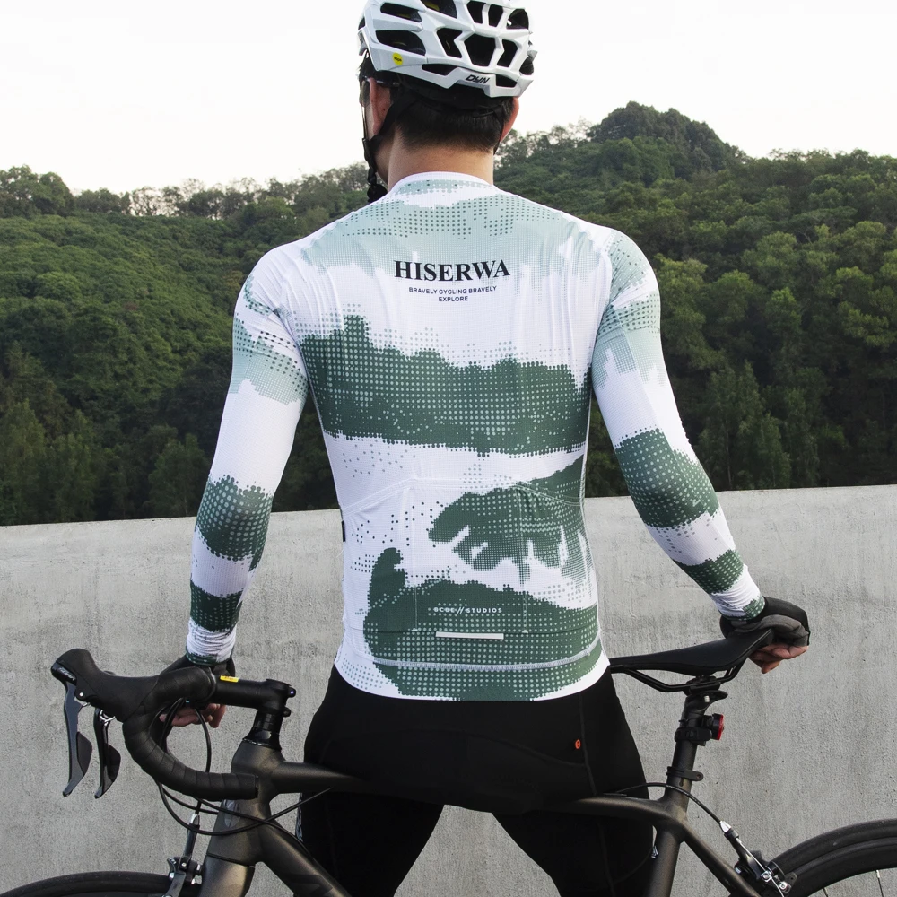 HISERWA Long Sleeves Men's Cycling Jersey Mountain Bicycle Jersey Bike Riding Clothing Reflective Full Zipper 3 Rear Pockets