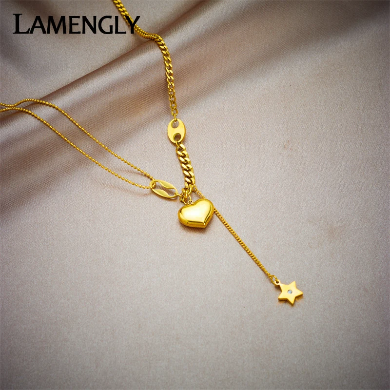 LAMENGLY 316L Stainless Steel Star Heart Pendant Necklace For Women New Design Girls Multilayer Chain Jewelry Gifts Accessories