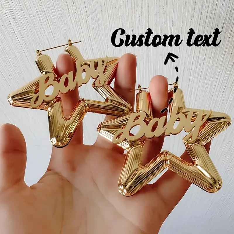 

Серьги с именем на заказ, серьги в форме звезды из нержавеющей стали, персонализированные бамбуковые серьги, серьги в стиле хип-хоп для женщин, подарки 55 мм, индивидуальный заказ