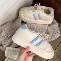 Striped Sneakers Women's Casual Versatile Winter Fashion Color Block Board Shoes Cotton Shoes Soft Breathable Warmer
