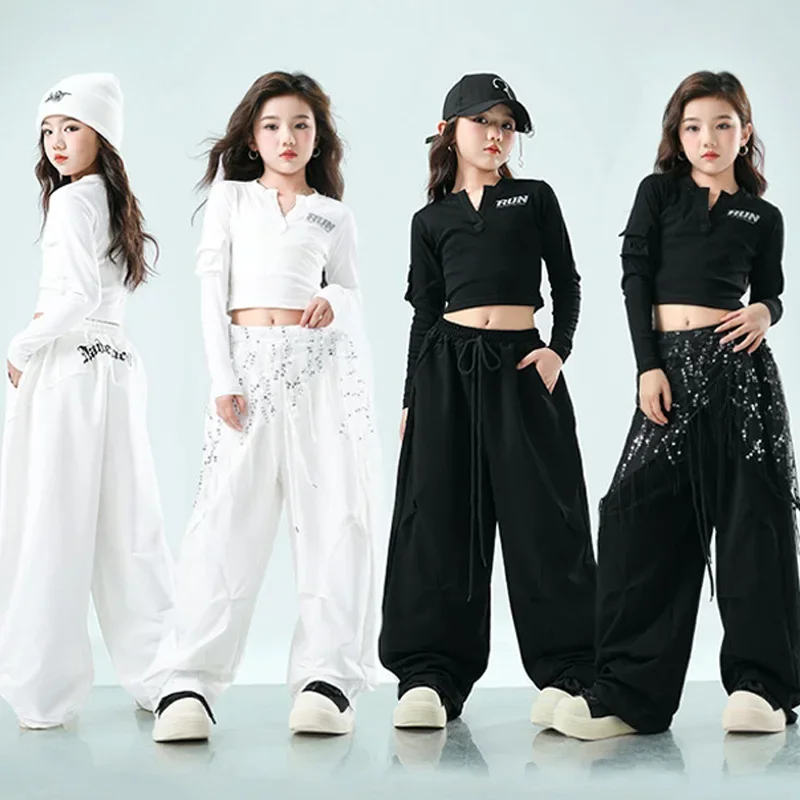 

Jazz Dance Children's Clothing Black Crop Tops Shuffle Pants White Hip Hop Trousers Urban Dance Costume Street Dance Wear