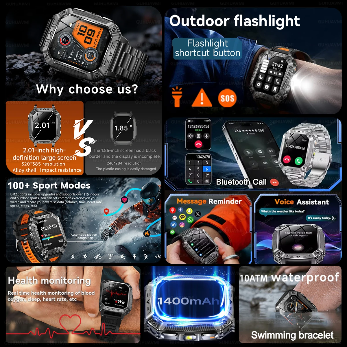 New Military outdoor 1400mAh Battery SmartWatch Men BT Call 2.01" HD AMOLED Sports Heart rate Flashlight Waterproof Smart Band view 2