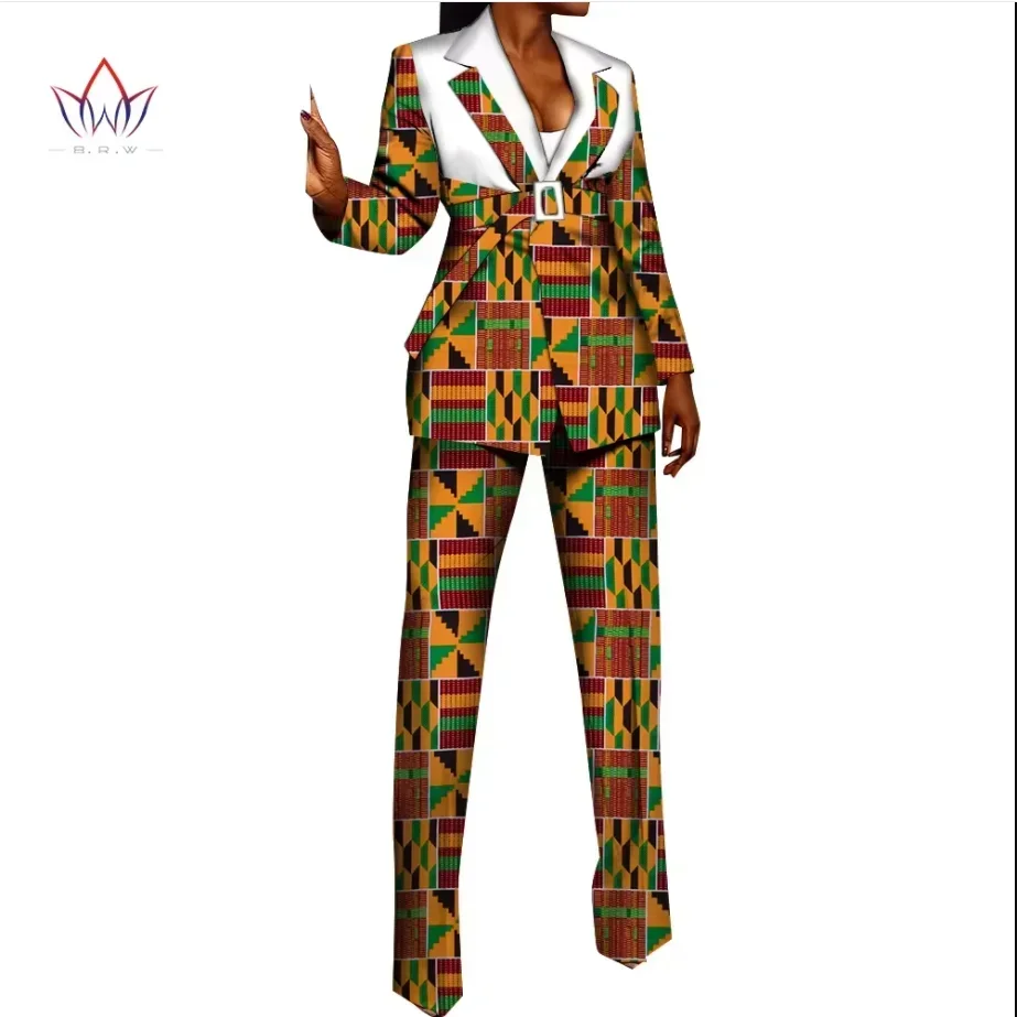 Riche African Print Blazer and Pants Sets for Women Dashiki Full Sleeve Ruffles Blazers Suit Sets Office Lady Outfits WY9804