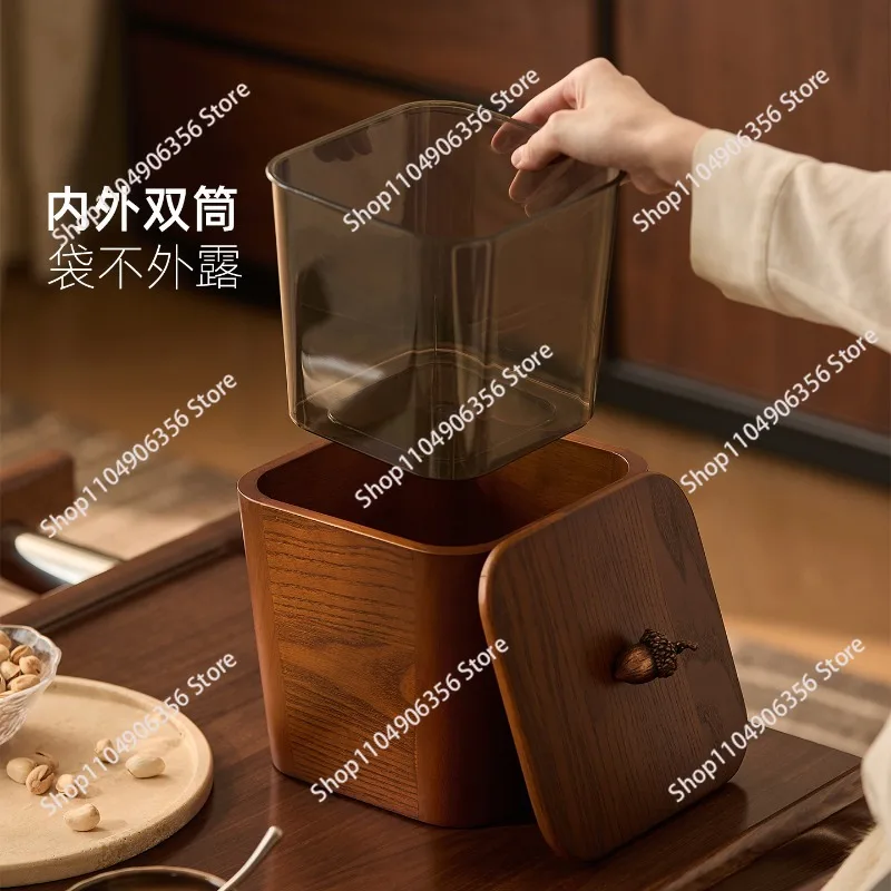 Desktop trash can with lid solid wood office bedroom antique high value table waste basket household new model